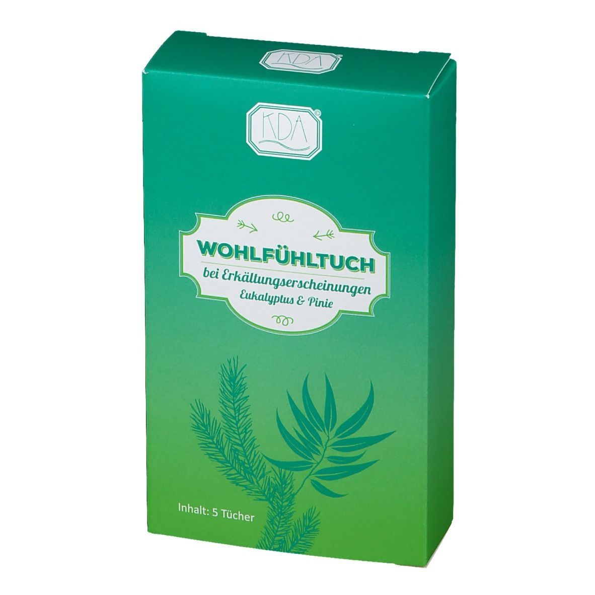 Grüne Verpackung mit Produktnamen und Logo. Enthält 5 Tücher. Aufdruck mit Pflanzenmotiv und Produktbezeichnung.