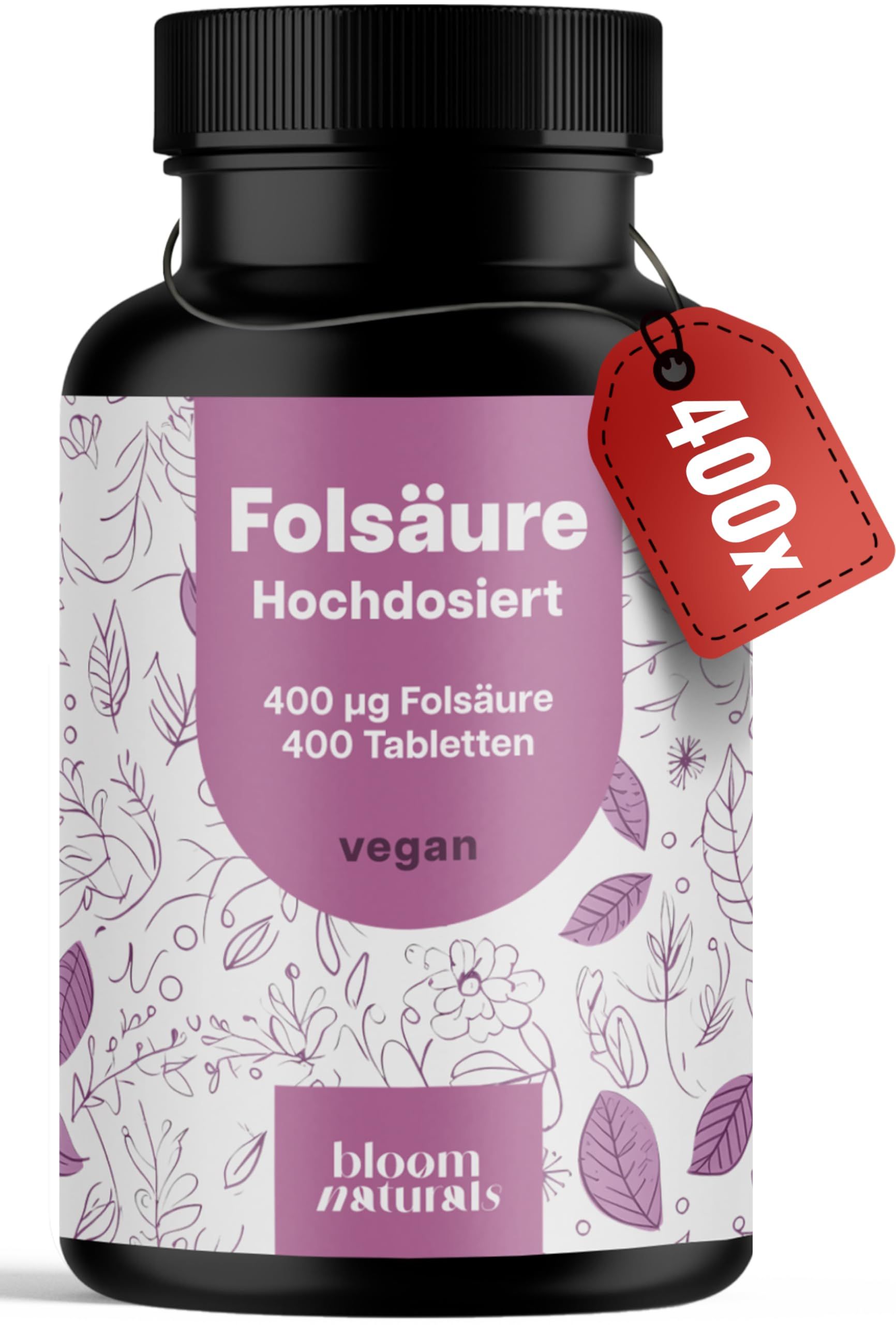 Flasche Folsäure Hochdosiert 400 µg, 400 Tabletten, vegan. Bloom Naturals.