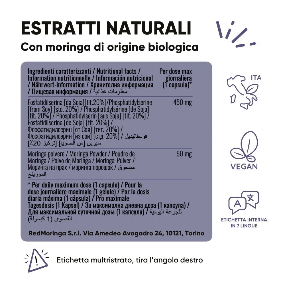 Nährwertangaben für Moringa-Extrakt-Kapseln: 450mg Phosphatidylserin, 50mg Moringa-Pulver. Vegan-zertifiziert.