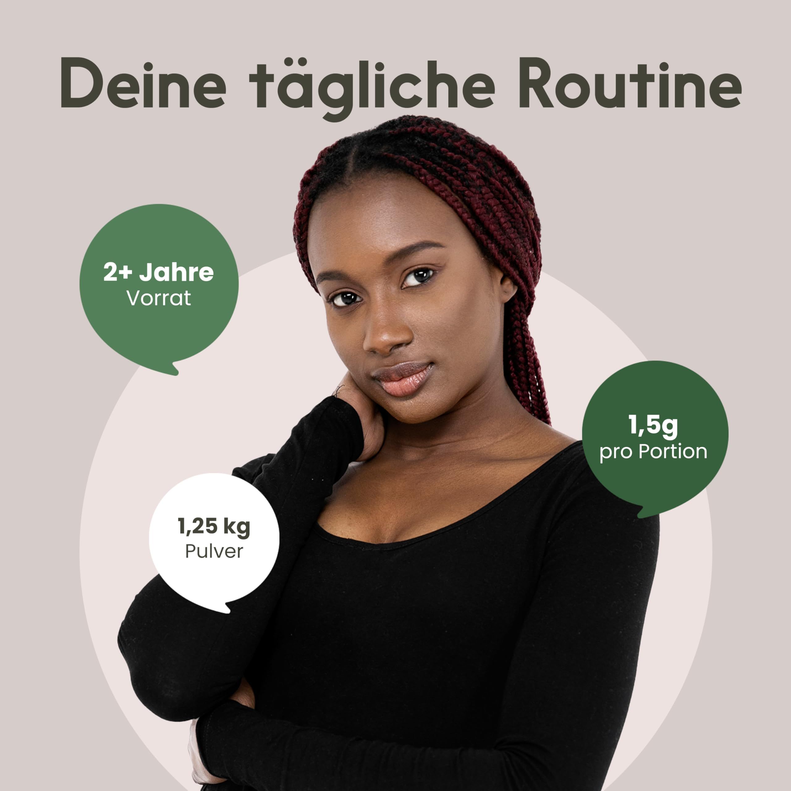 Frau mit Text: "Deine tägliche Routine". 1,25 kg Pulver, 1,5g pro Portion, 2+ Jahre Vorrat.