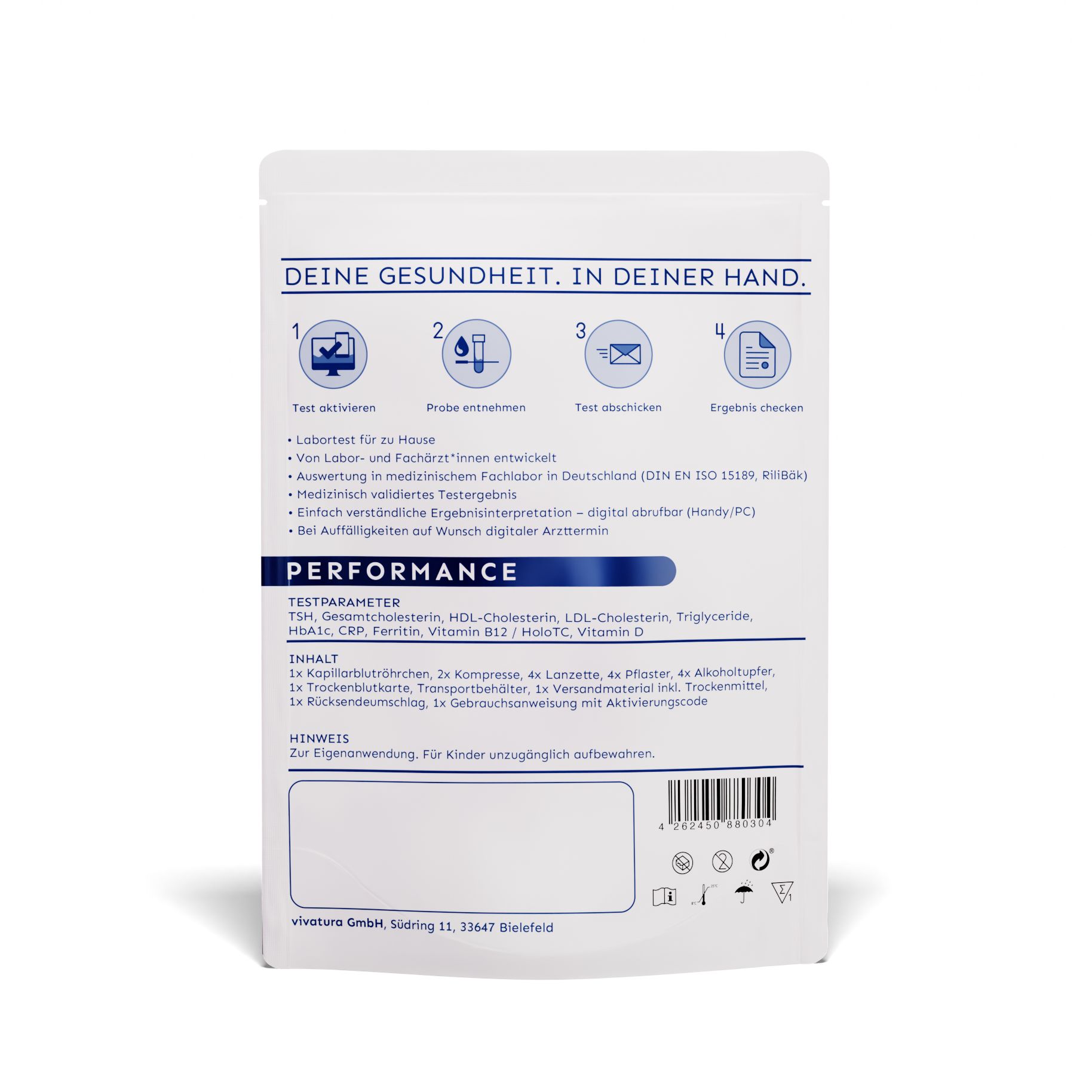 Rückseite des Test-Kits. Enthält Informationen zur Anwendung, Testparameter und Inhaltsstoffe. Marke: vivatura.