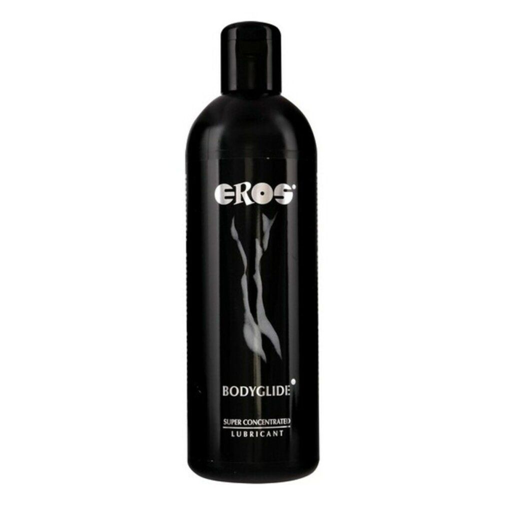 Schwarze Flasche mit weißem Logo und Schriftzug. Aufschrift: EROS, BODYGLIDE, SUPER CONCENTRATE LUBRICANT. Abgebildet ist eine weibliche Silhouette.