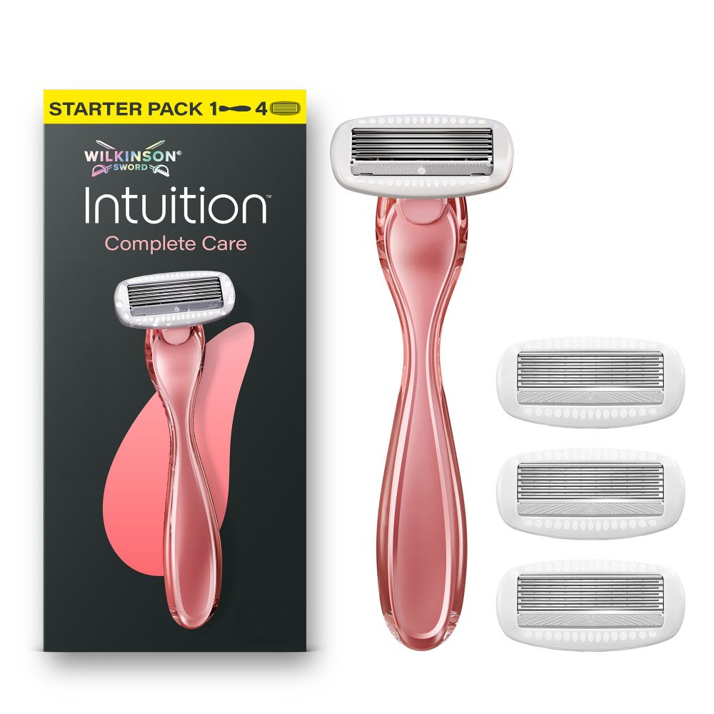 Wilkinson Sword Intuition Complete Care Rasierer mit rosa Griff und drei Ersatzklingen, neben der Verpackung.