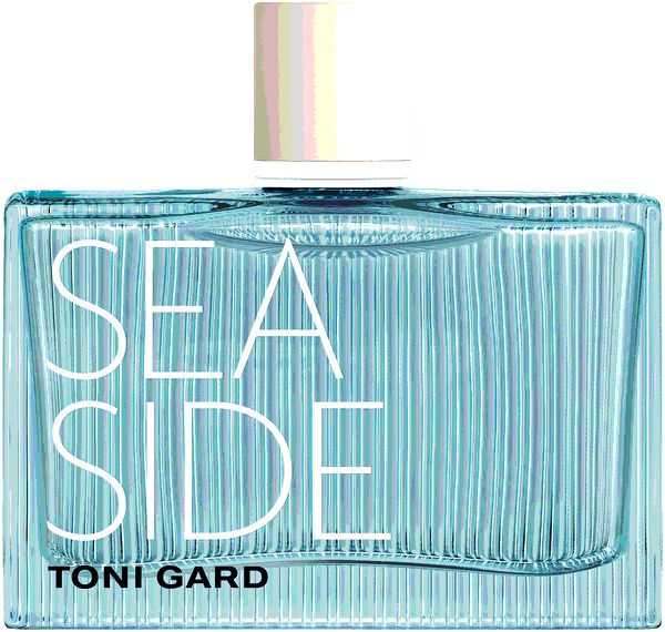 Hellblaues Parfümflakon mit weißem Deckel. Aufschrift SEA SIDE und TONI GARD.