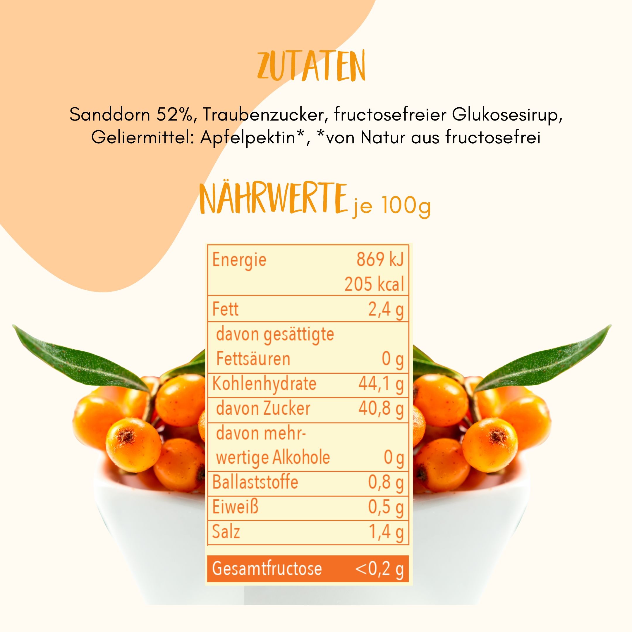 Nährwerttabelle für FRUNIX® Sanddorn-Fruchtaufstrich. Enthält Angaben zu Energie, Fett, Kohlenhydraten, Zucker, Eiweiß und Salz. Gesamt-Fructose <0,2 g.
