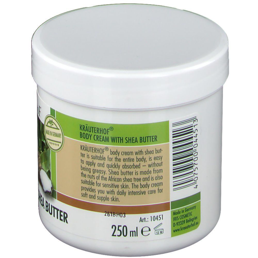 Weißer Tiegel Kräuterhof Body Creme mit Sheabutter. Aufkleber mit Produktinformationen und Inhaltsstoffen. Made in Germany.