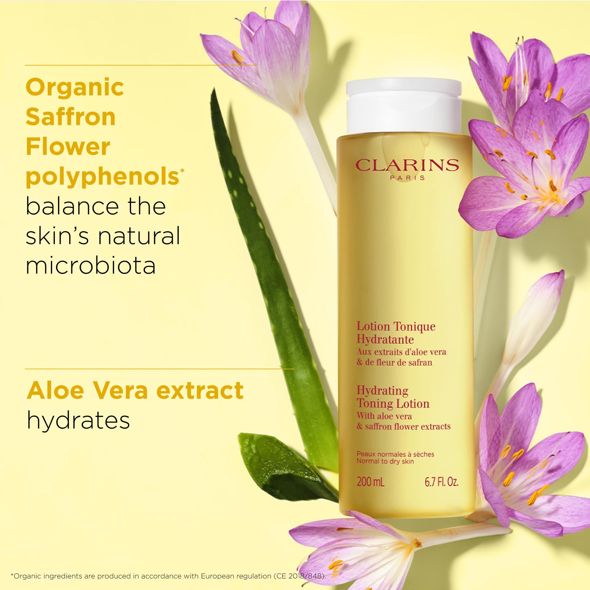 Gesichtswasser-Flasche mit Blüten und Aloe Vera. Text: Clarins, Lotion Tonique Hydratante, 200 ml. Enthält Aloe Vera und Safran.