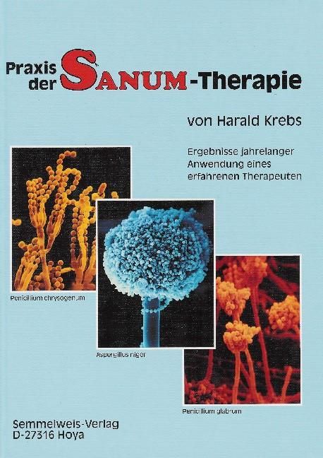 Buchcover: "Praxis der SANUM-Therapie". Titel, Autor, Abbildungen von Pilzen. Verlag Semmelweis-Verlag.