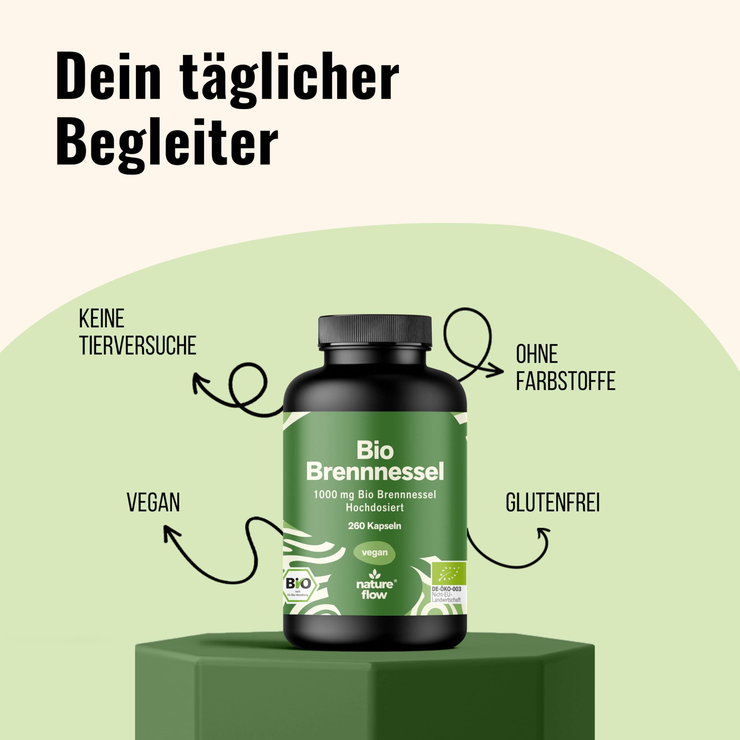 Produktflasche auf Podest. Text: Dein täglicher Begleiter. Vegan, ohne Farbstoffe, glutenfrei, keine Tierversuche. Logo: Nature Flow, Bio-Siegel.