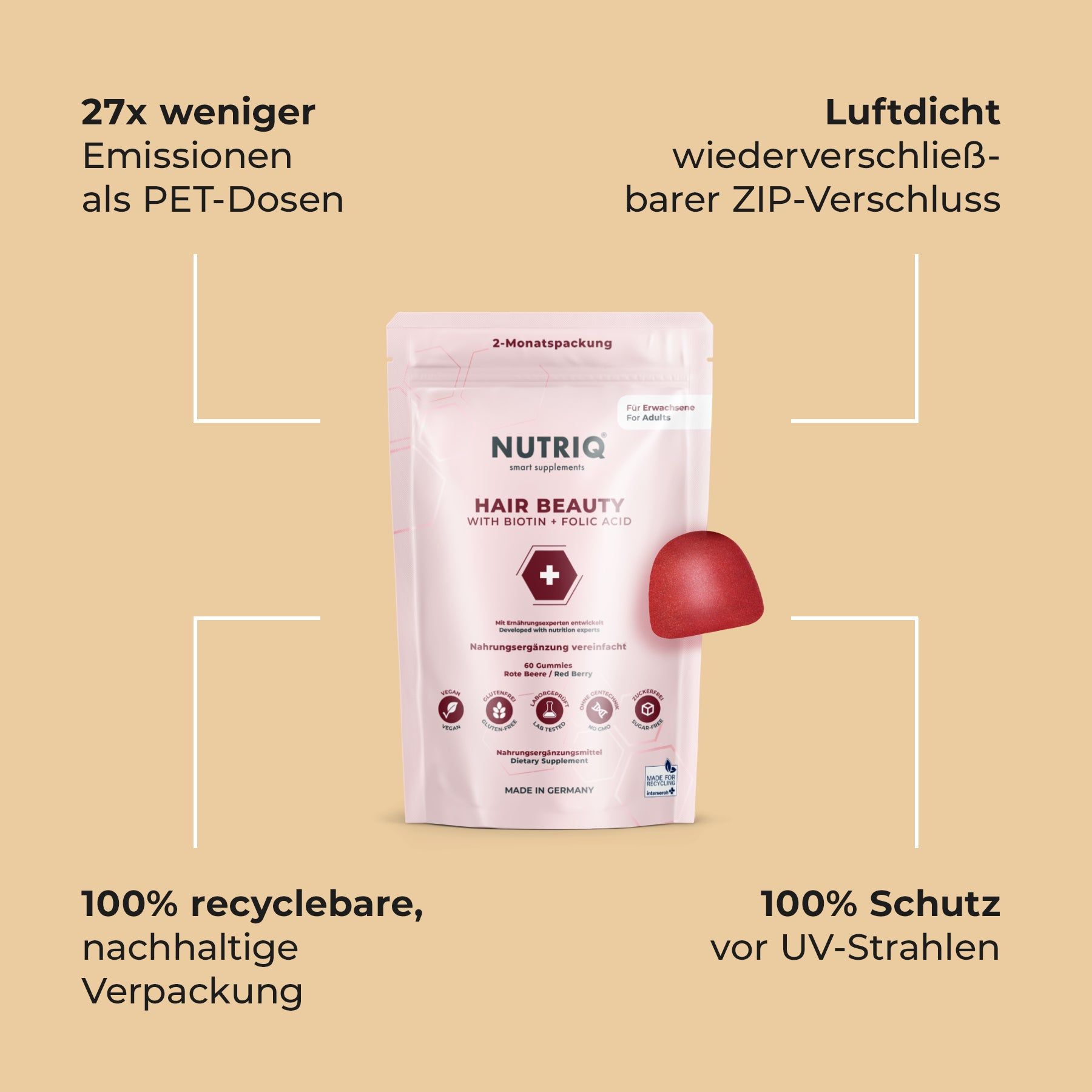 Packung Nutriq Hair Beauty Gummis mit Hinweisen zu Recycling und UV-Schutz.