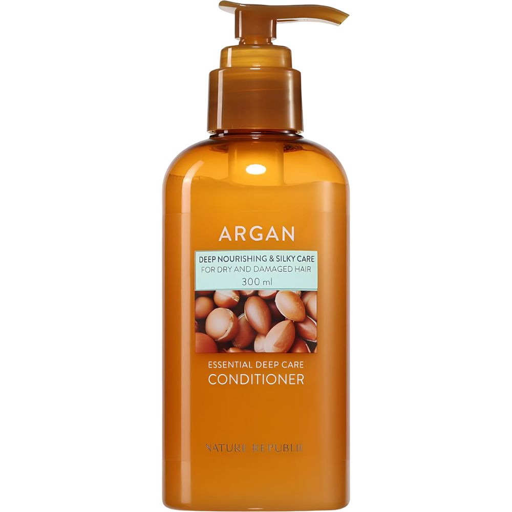 Braune Flasche mit Spender. Aufschrift: Argan, Deep Nourishing & Silky Care, Essential Deep Care Conditioner.