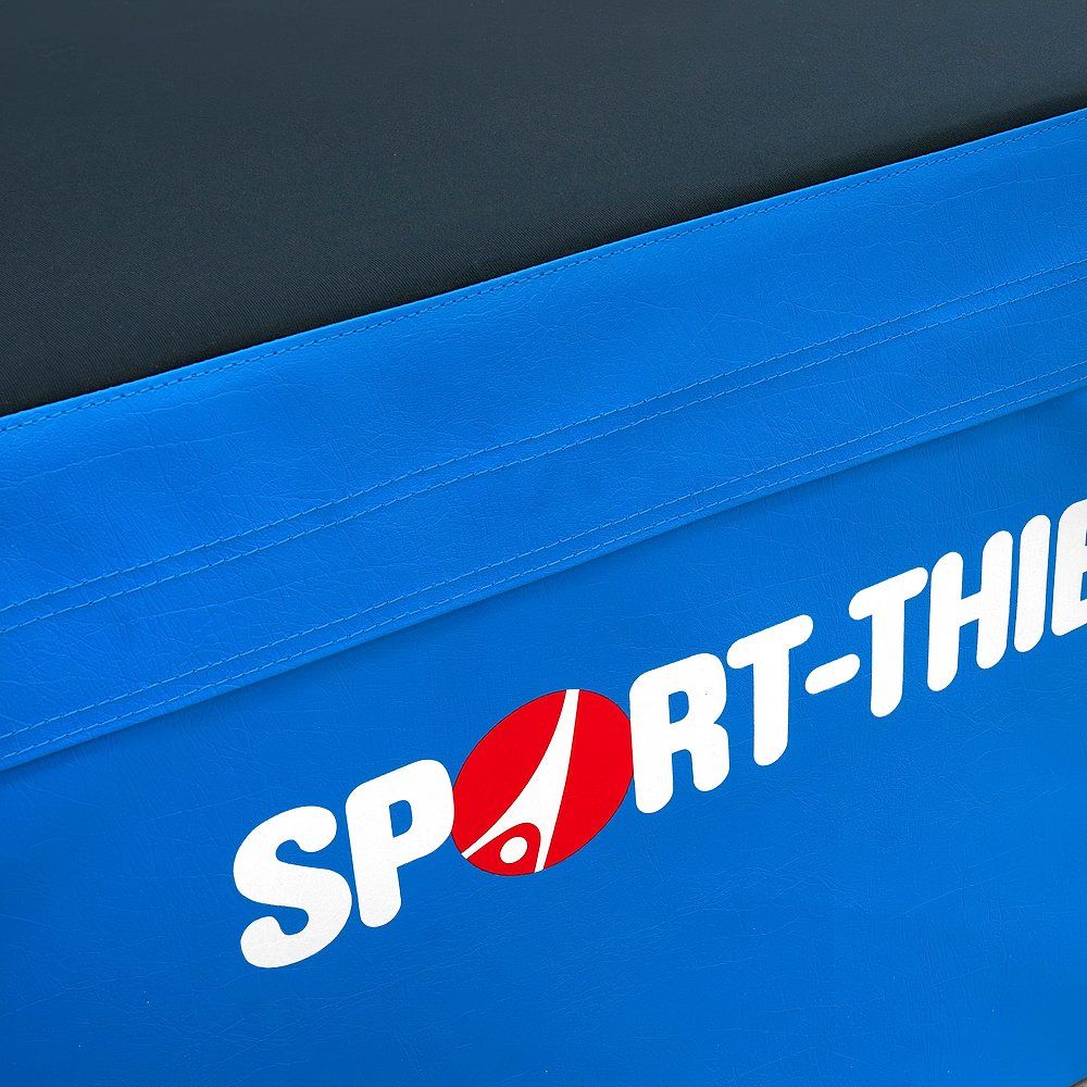 Detailansicht: Sport-Thieme Logo auf blauer Oberfläche.