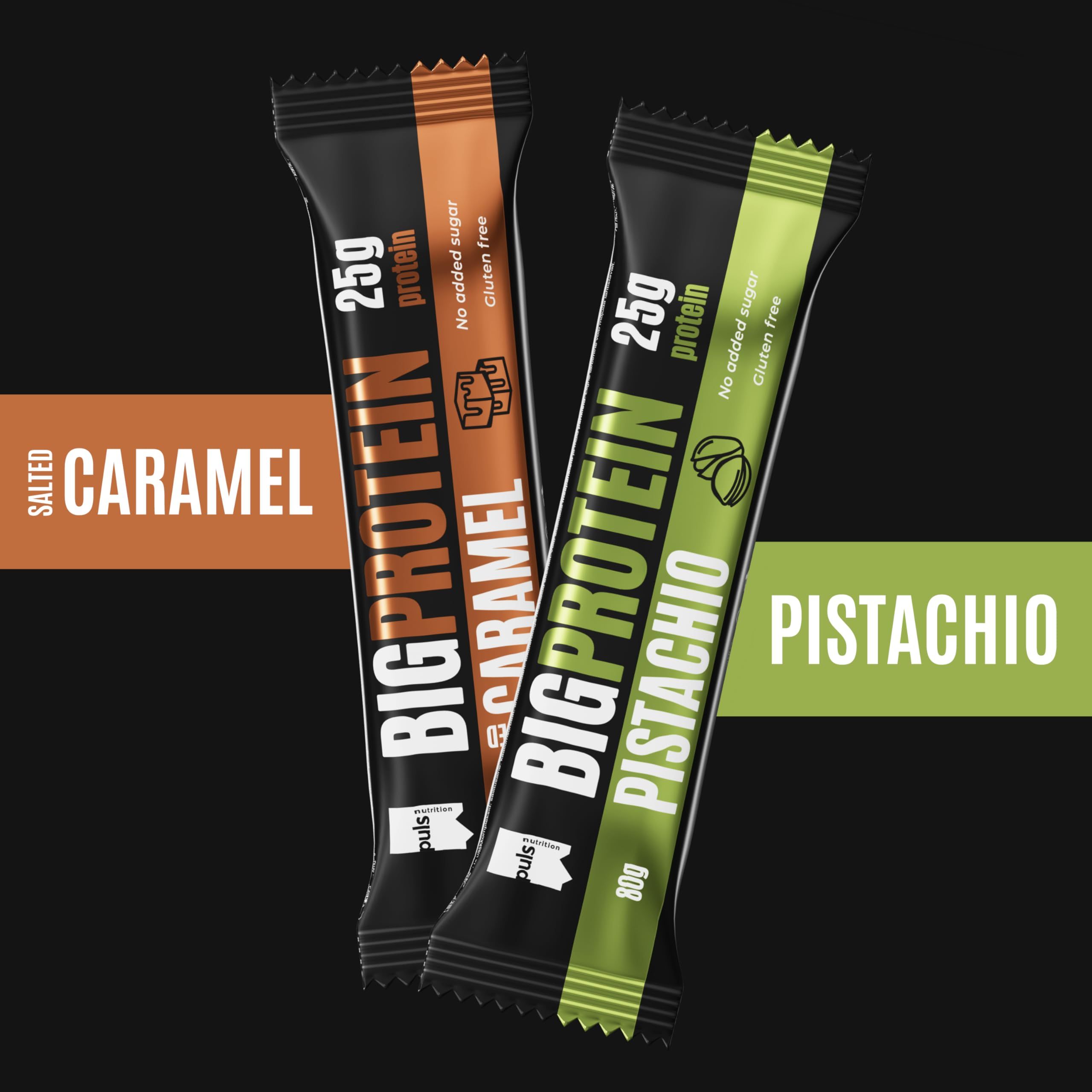 Zwei Puls Nutrition Big Protein Riegel: Salted Caramel und Pistazie. Je 80g, 25g Protein, zucker- und glutenfrei.