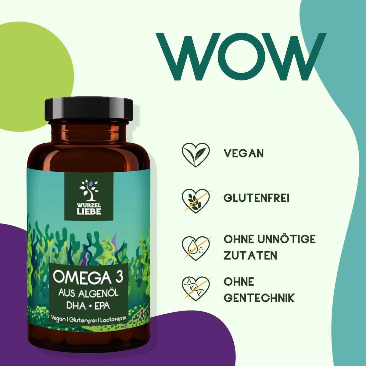 Braune Flasche mit Kapseln. Aufschrift: Omega 3, DHA + EPA. Text: Vegan, glutenfrei, ohne unnötige Zutaten, ohne Gentechnik.