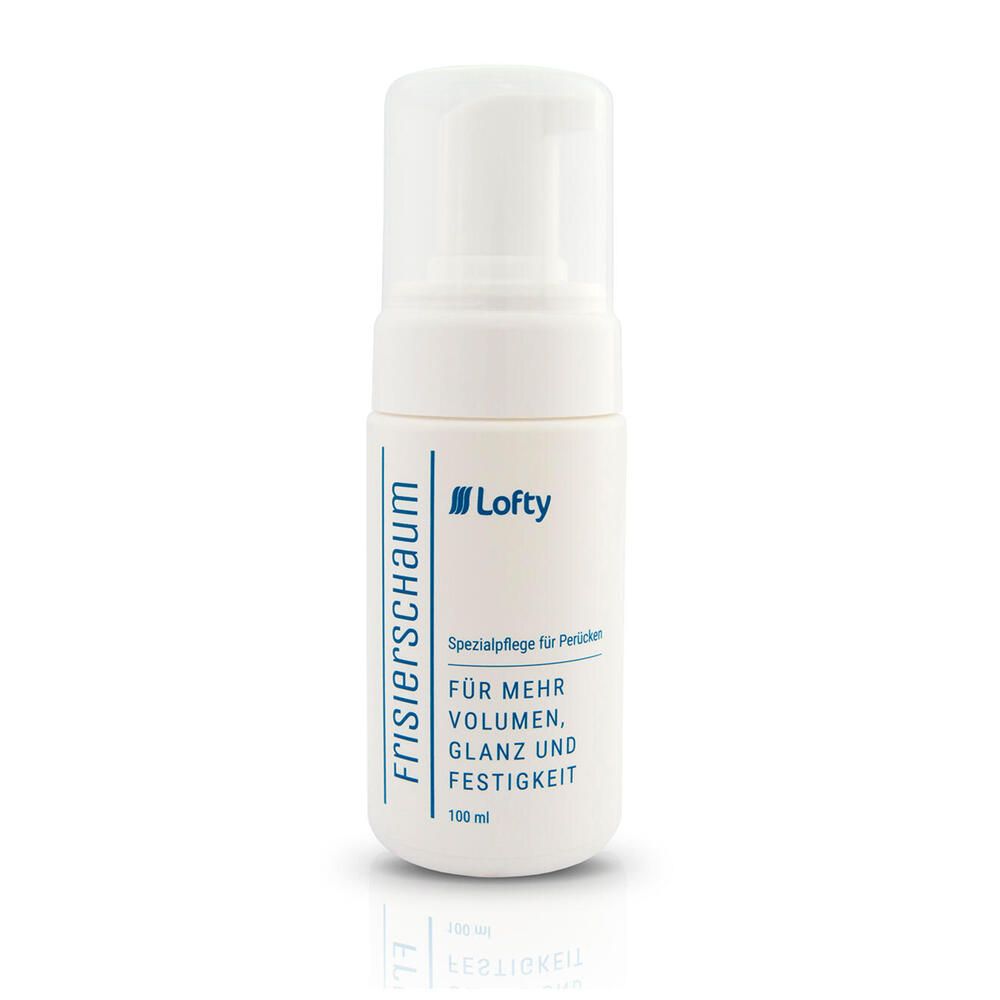 Weiße Flasche mit Sprühkopf. Aufschrift: Frisierschaum, Lofty. Text: Für mehr Volumen, Glanz und Festigkeit. 100 ml.