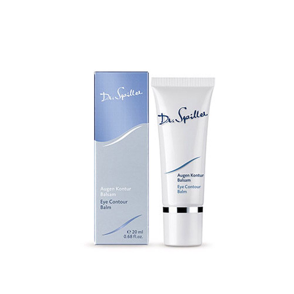 Weiße Tube und Schachtel. Auf der Tube steht "Dr. Spiller Augen Kontur Balsam". Die Schachtel hat blaue Akzente und Text.