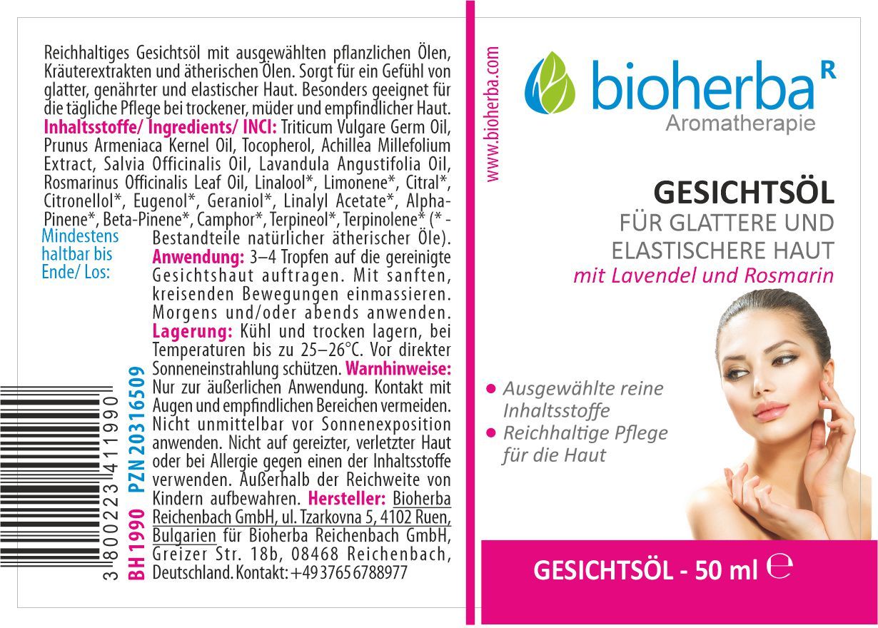 Bioherba Gesichtsöl für Glattere und Elastischere Haut mit Lavendel und Rosmarin