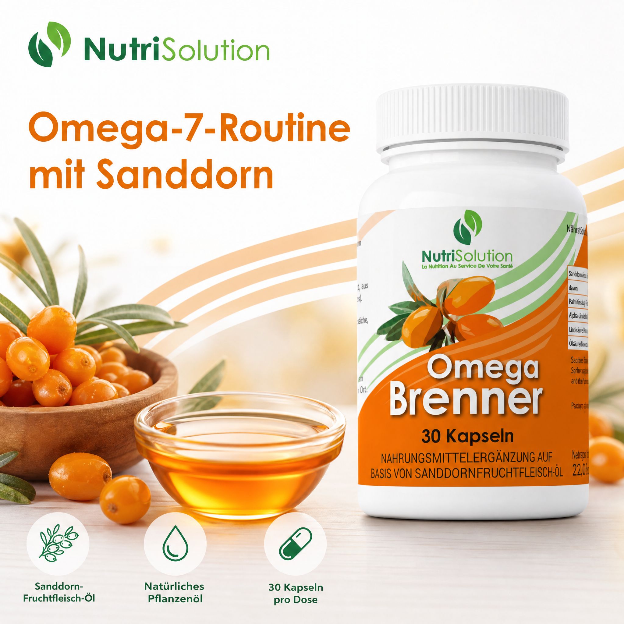NutriSolution Omega Brenner: Flasche neben Schale mit Sanddornöl und Beeren, mit Icons für Inhaltsstoffe.