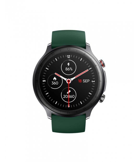 Smartwatch mit grünem Armband. Rundes Zifferblatt mit Datumsanzeige und grafischen Elementen. Schwarzes Gehäuse.
