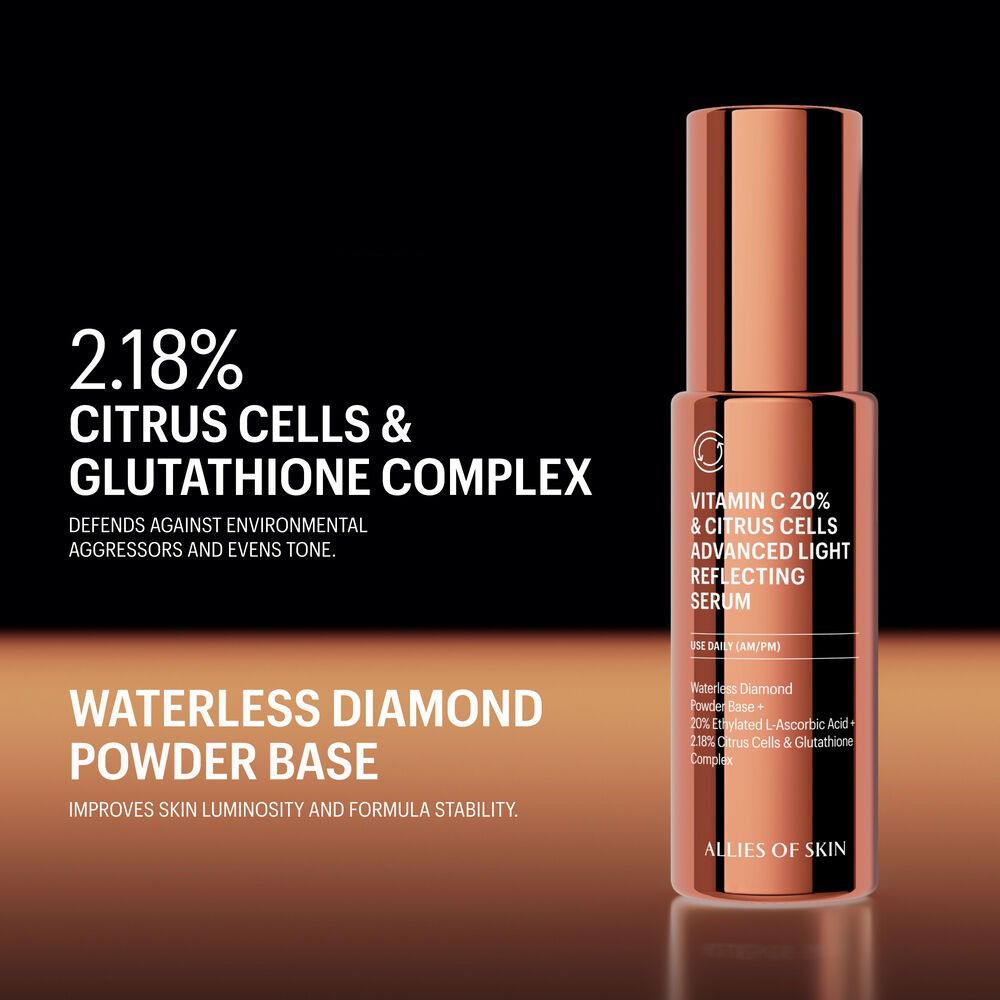Kupferfarbene Serumflasche neben Text. Text: 2.18% Citrus Cells & Glutathione Complex. Waterless Diamond Powder Base.