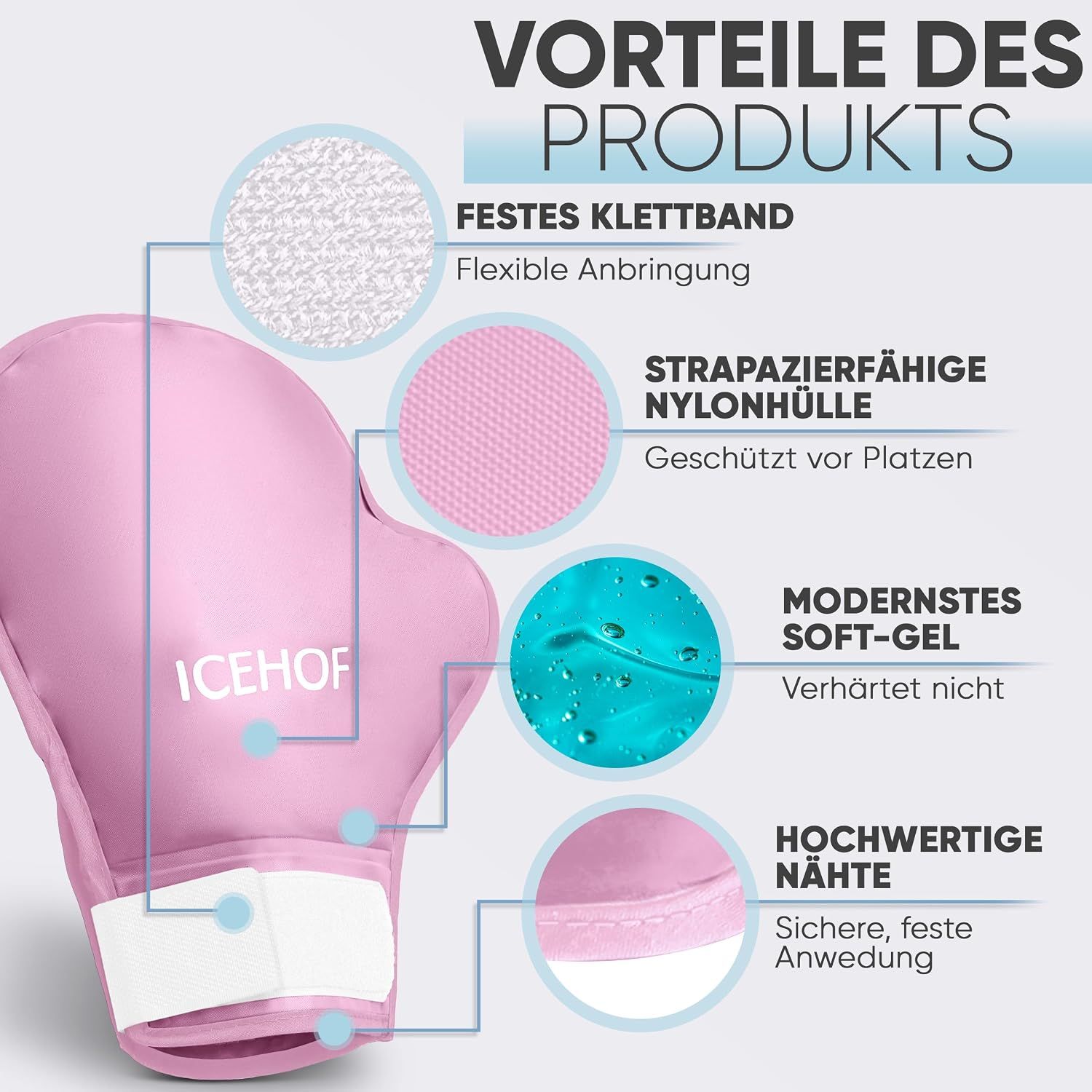 Detailansicht eines rosa ICEHOF Kühlhandschuhs mit Erläuterung der Materialien und des Klettverschlusses.