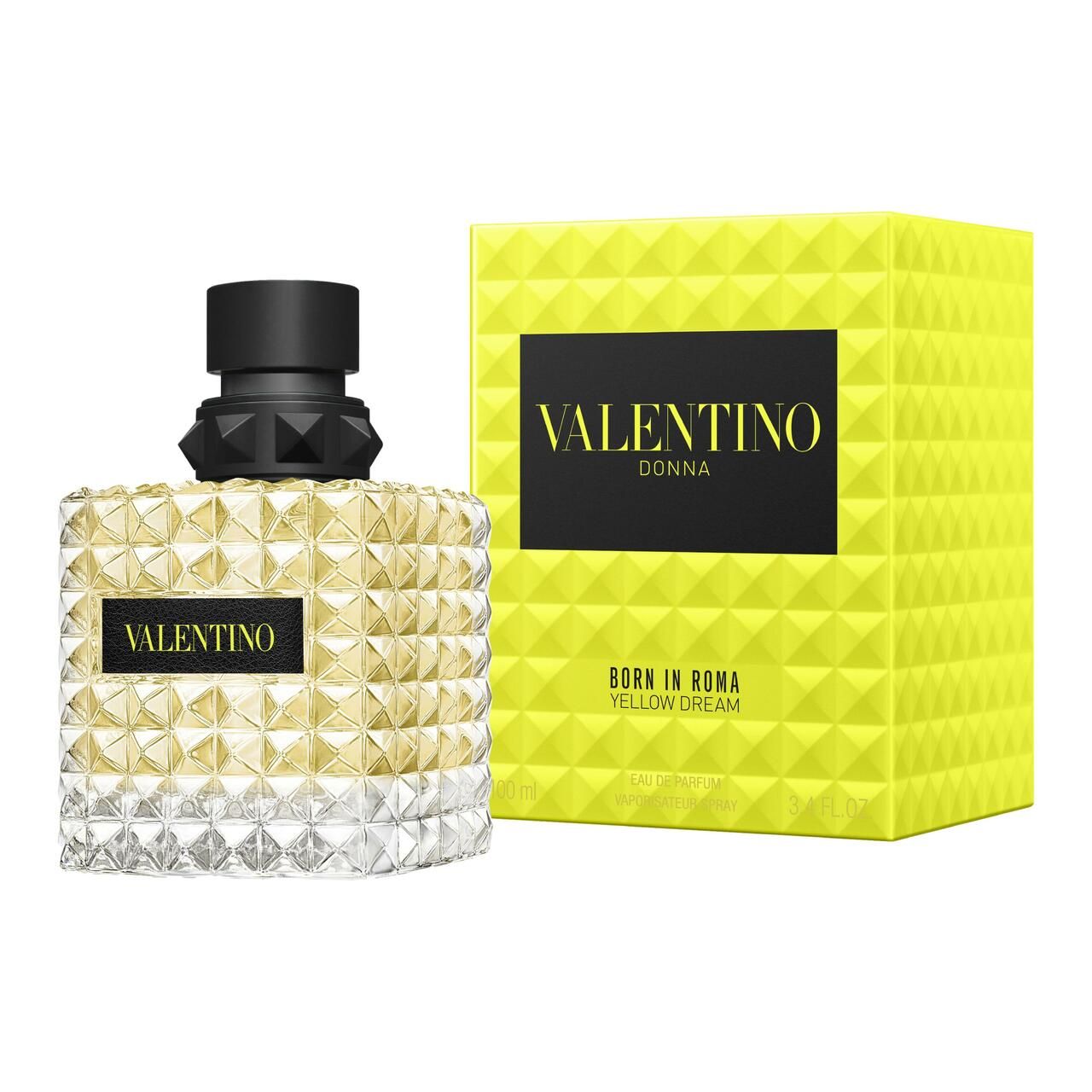 Parfümflakon neben gelber Verpackung. VALENTINO DONNA, Born in Roma Yellow Dream. Eau de Parfum.