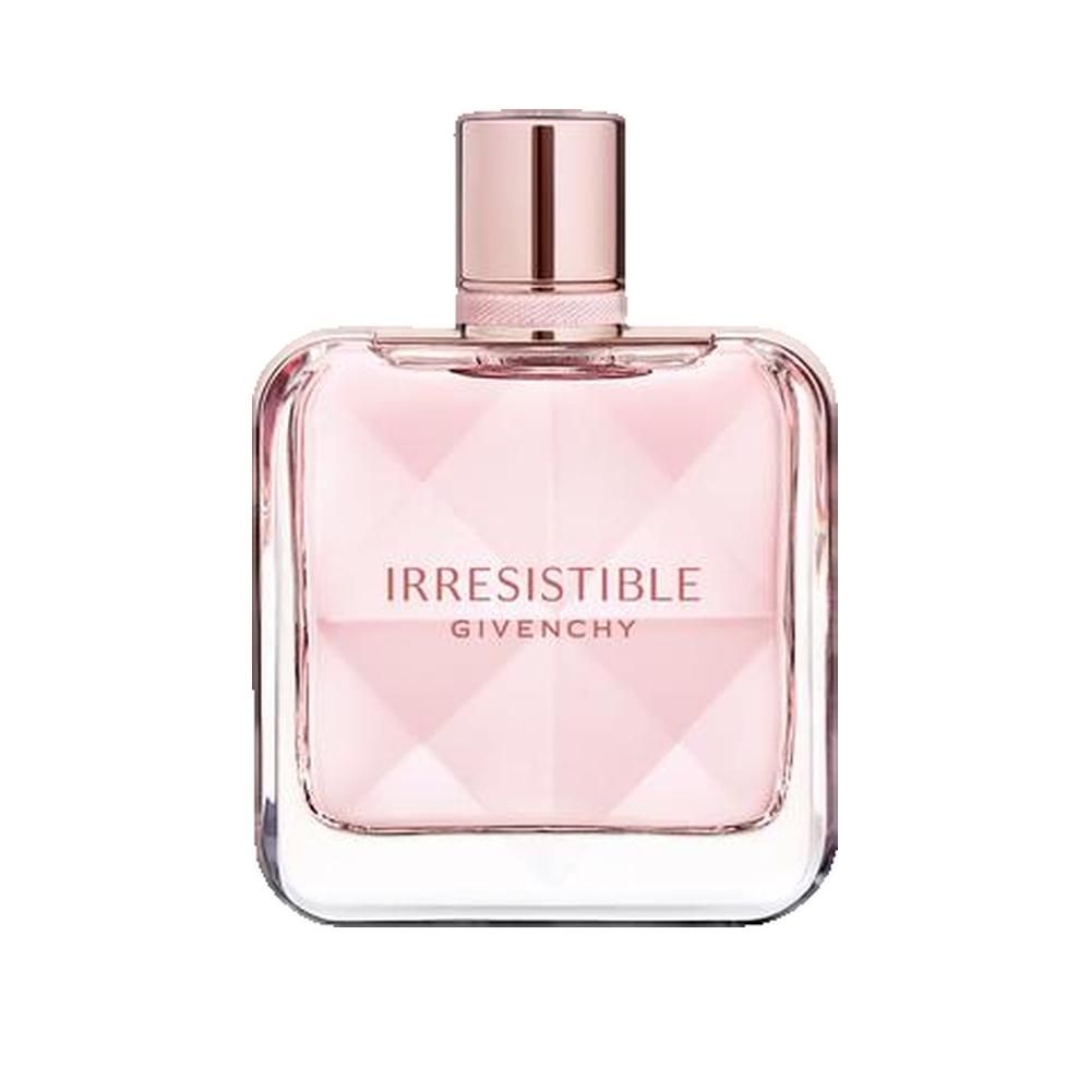 Rosa Glasflakon mit rosafarbenem Inhalt. Aufschrift "Irresistible Givenchy". Quadratische Form mit facettiertem Design.