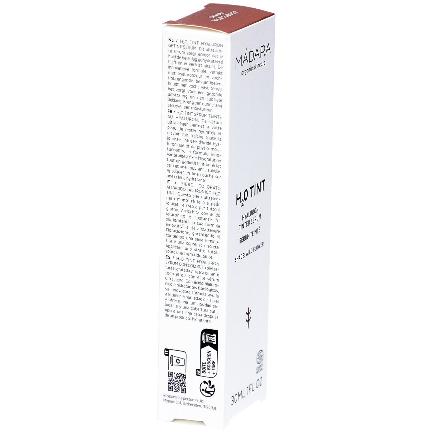 Produktverpackung mit Text in verschiedenen Sprachen. Aufschrift: MÁDARA, H2O TINT, Hyaluron Tinted Serum, Shade: Wild Flower. 30ml.