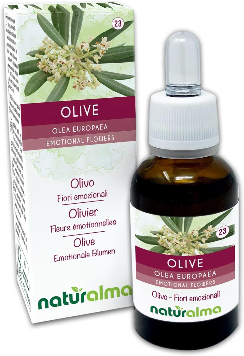Braune Glasflasche mit Tropfer und Verpackung. Aufschrift: OLIVE, OLEA EUROPAEA, EMOTIONAL FLOWERS. Marke: naturalma.