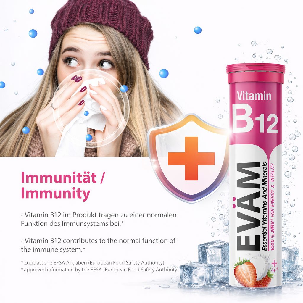Packung EVÄM Vitamin B12. Text: Immunität. Eiswürfel. Kreuz-Symbol.