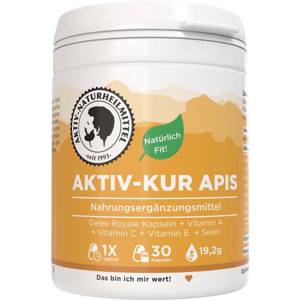 Weißes, zylindrisches Behältnis mit Deckel. Aufschrift: AKTIV-KUR APIS, Nahrungsergänzungsmittel. Enthält Gelee Royale, Vitamine. 30 Kapseln.
