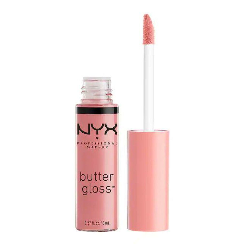 NYX Butter Gloss, rosa. Flasche geöffnet, Applikator sichtbar. Aufschrift: Butter Gloss, 8 ml.