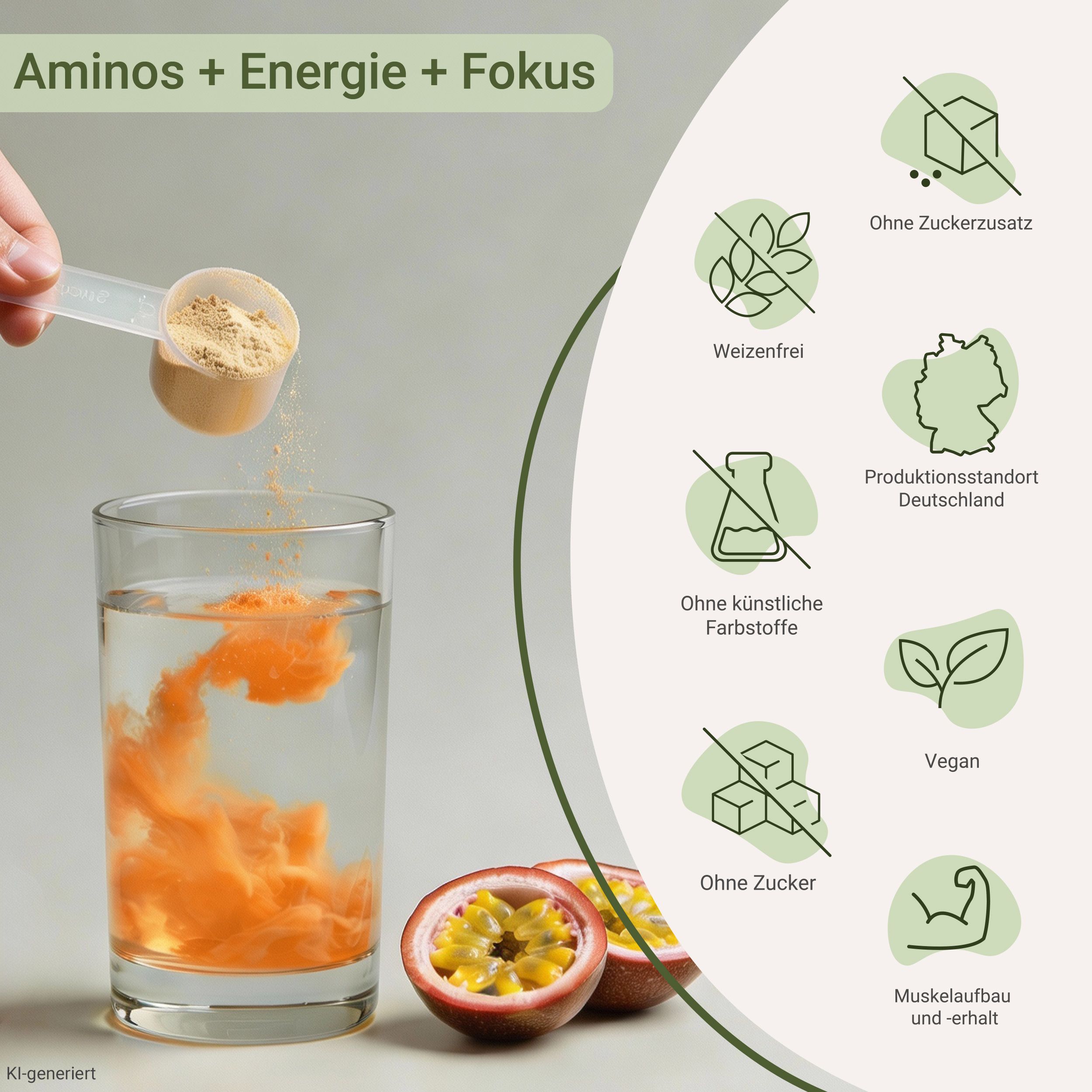 Pulver wird in ein Glas Wasser gegeben. Daneben liegen Passionsfrüchte. Icons zeigen: ohne Zuckerzusatz, weizenfrei, ohne künstliche Farbstoffe, ohne Zucker, Produktionsstandort Deutschland, vegan, Muskelaufbau.