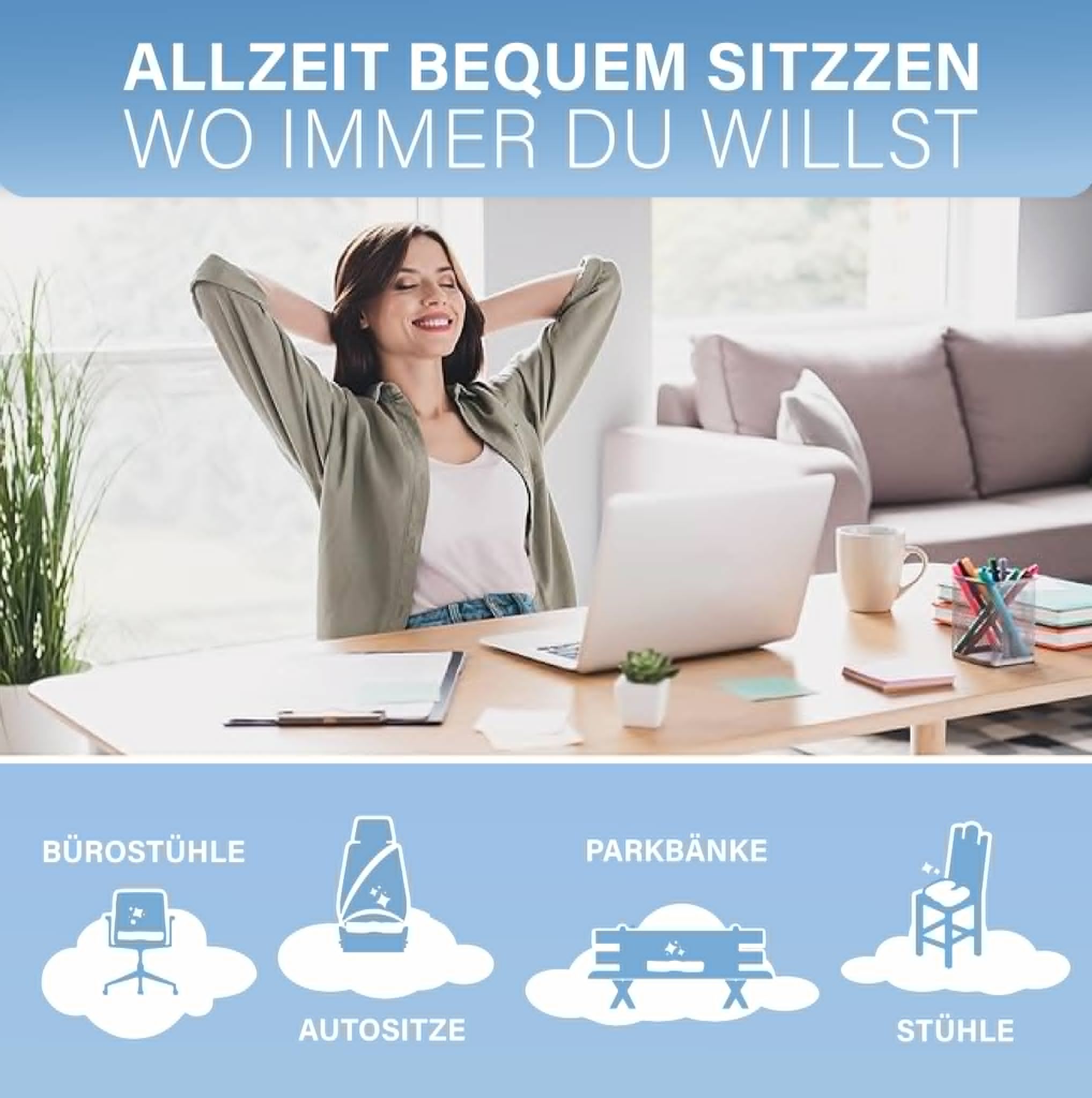 Ergonomisches Sitzkissen für verschiedene Sitzmöbel wie Bürostühle und Autositze.