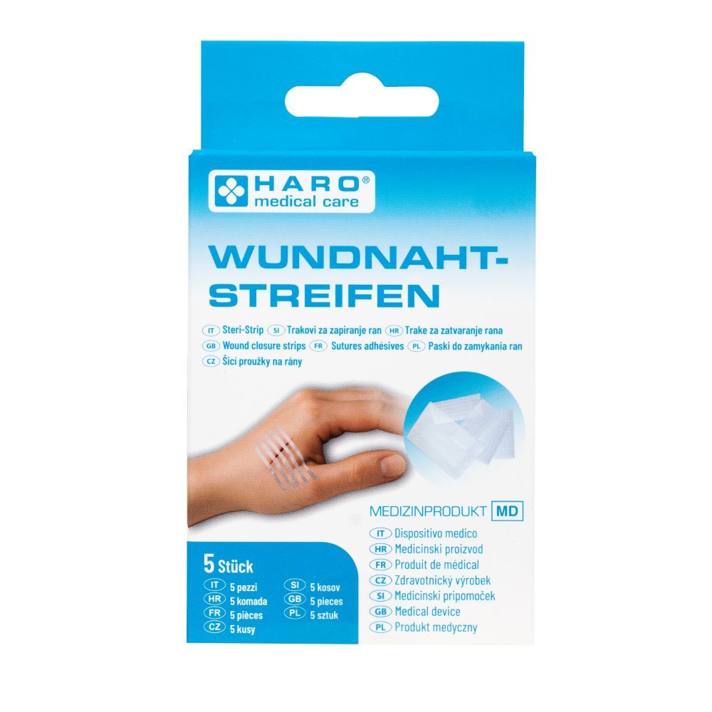 Verpackung mit Haro Wundnahtstreifen. 5 Stück. Medizinprodukt. Hand mit Wunde und Streifen. Blaue und weiße Verpackung.