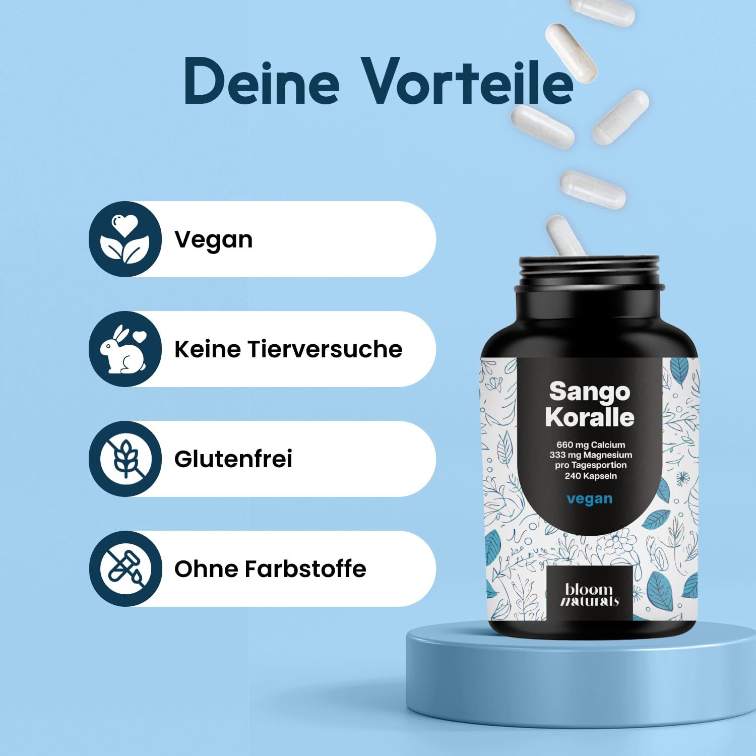 Produktflasche mit Kapseln. Text: Vegan, Keine Tierversuche, Glutenfrei, Ohne Farbstoffe. Flasche: Sango Koralle, 240 Kapseln, vegan.