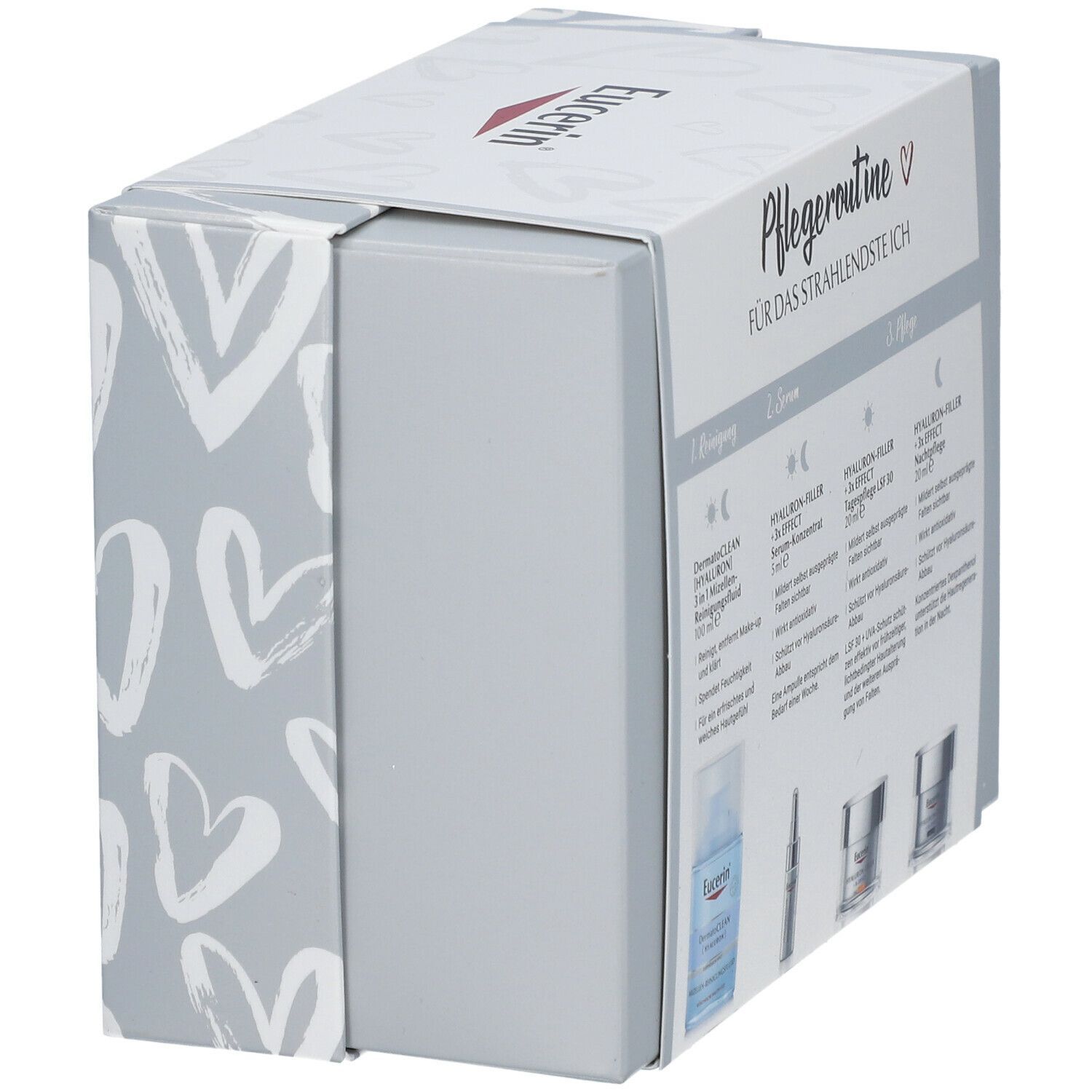 Graue Geschenkbox mit Herzmuster. Enthält Produkte für die Gesichtspflege. Eucerin Logo und Produktnamen sind sichtbar.