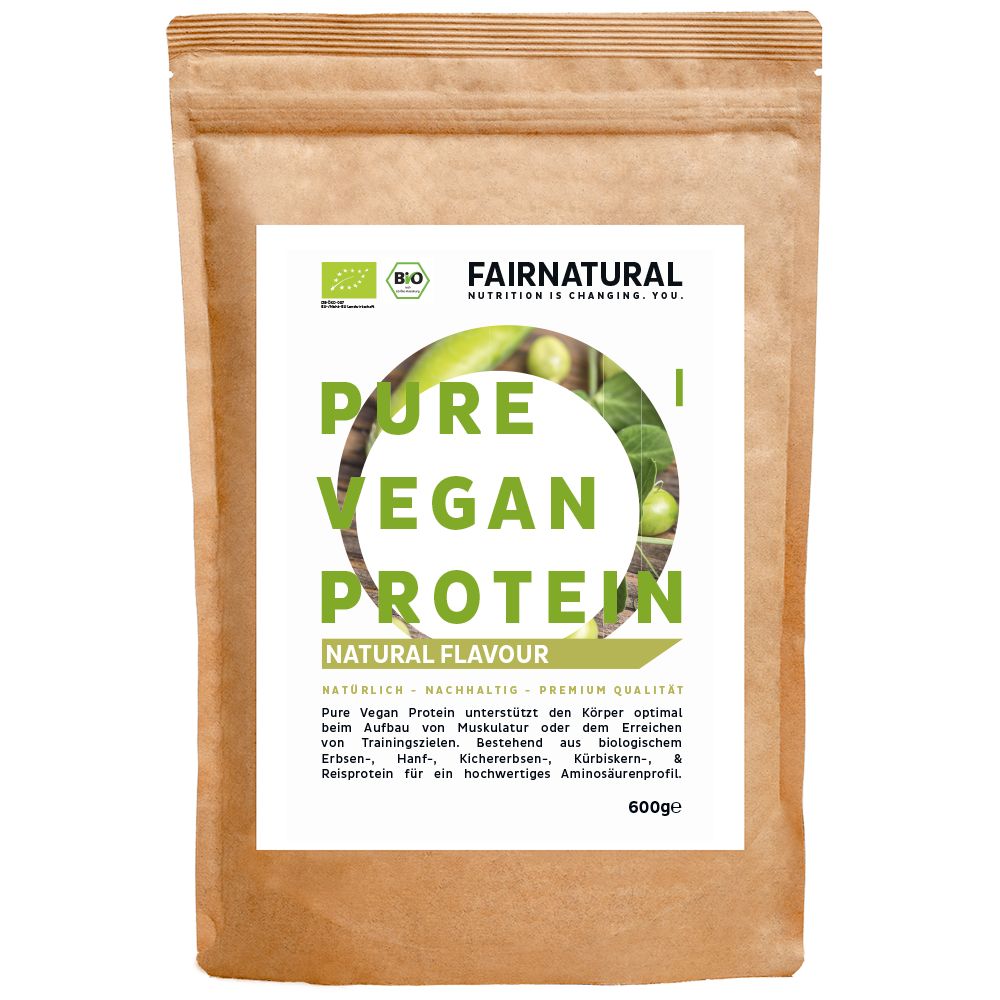 Beutel mit Bio Vegan Protein. Text: Natürlich, nachhaltig, Premium Qualität. 600g.
