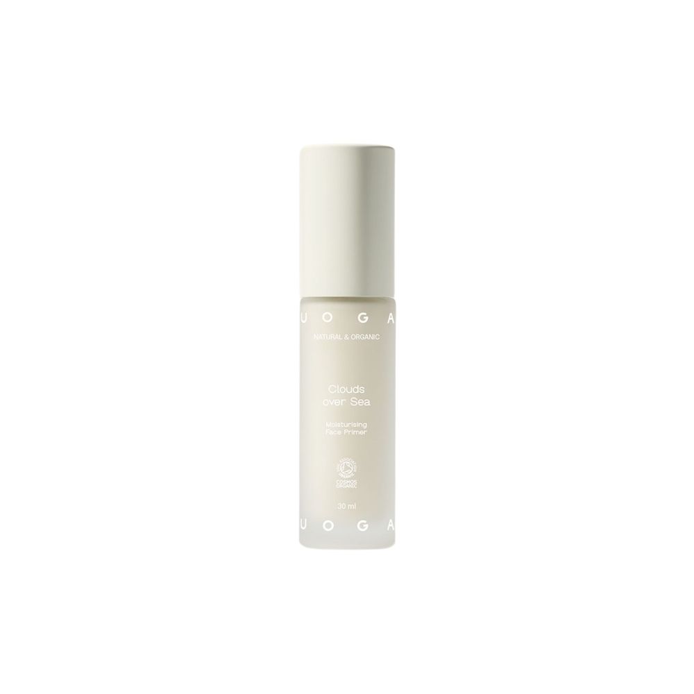 Zylindrische Flasche mit weißem Deckel. Aufschrift: Uoga Uoga, Clouds under Sea, Hydrating Face Primer. Unten: 30 ml.