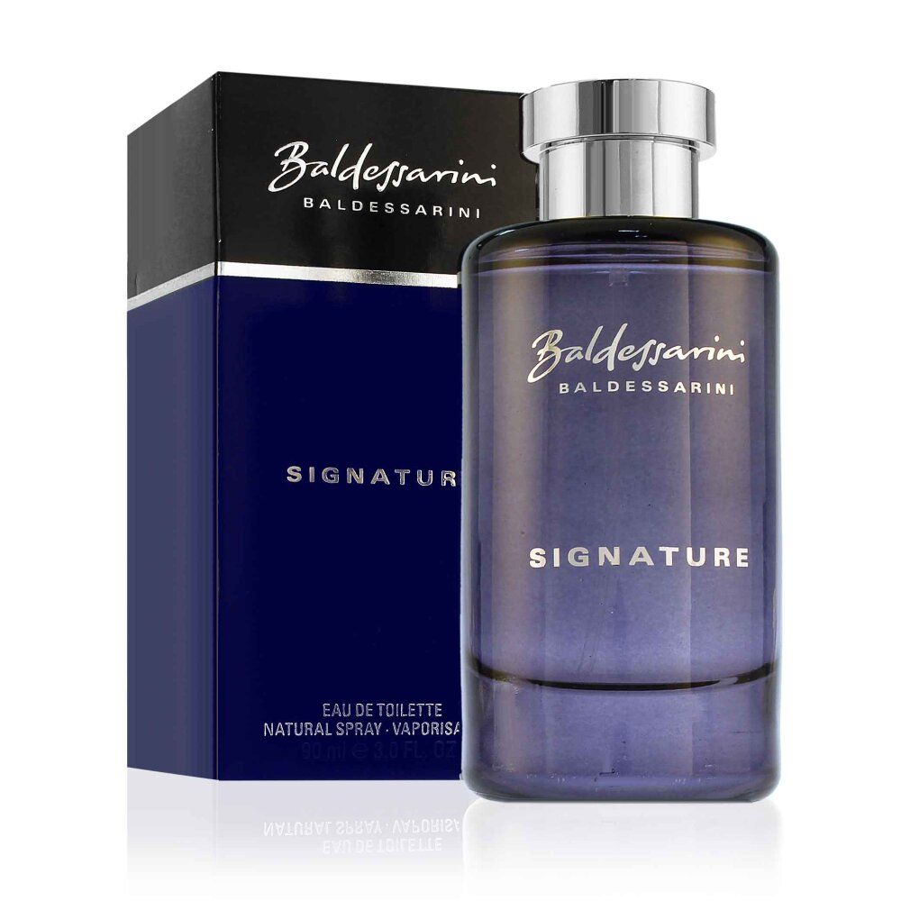 Baldessarini Signature Edt Spray und Verpackung. Blaue Flasche, silberner Verschluss. Schwarze Verpackung. Schriftzug: Baldessarini, Signature.