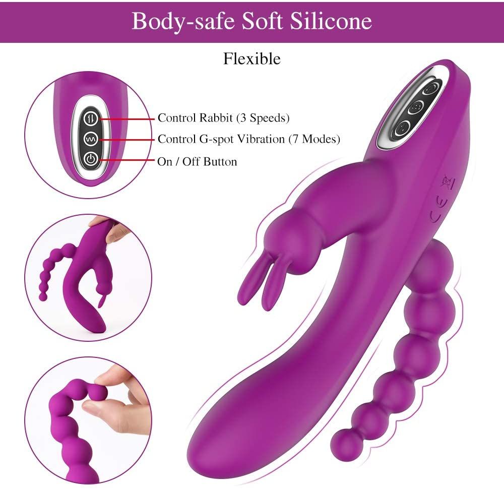 Lila Vibrator mit Hasenohren, Perlenkette und drei Knöpfen. Flexible Ausführung. Aufschrift: Body-safe Soft Silicone.