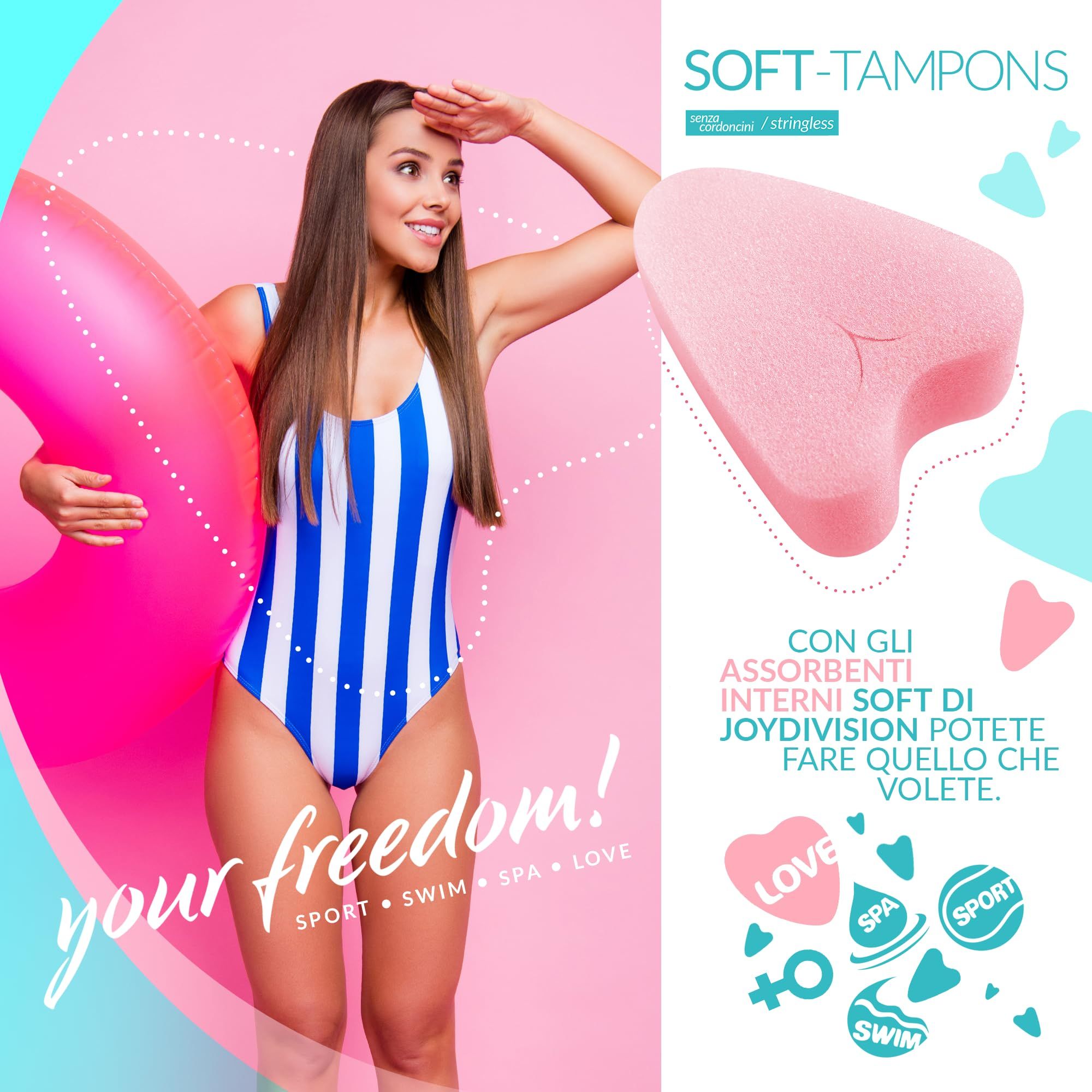 Frau mit Schwimmring, Soft Tampons mini und Icons für Sport, Schwimmen, Spa, Liebe.