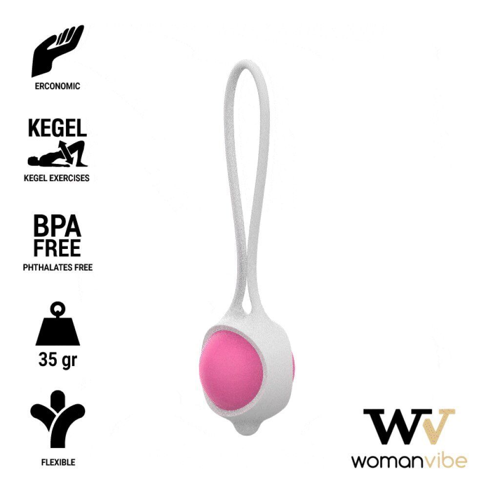 Beckenboden Trainingsgerät mit pinkfarbener Kugel. Mit Schlaufe. Icons: 35 gr, BPA frei.