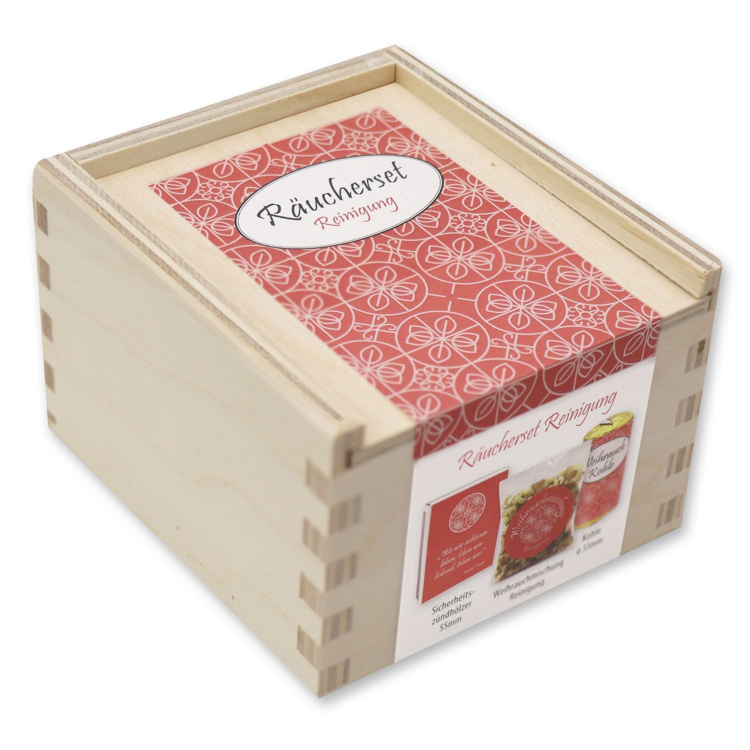 Holzkiste mit Deckel. Auf dem Deckel und der Vorderseite befindet sich ein rotes Etikett mit weißem Muster und Text. Auf der Vorderseite sind weitere Produkte abgebildet.