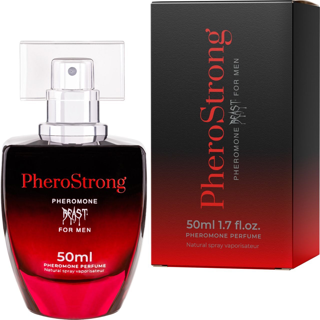 Flakon und Verpackung. Flakon: rot-schwarz, Sprühkopf. Verpackung: schwarz, rot. Aufschrift: PheroStrong, Beast, 50ml.
