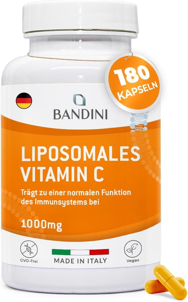 Bandini Liposomales Vitamin C Kapseln. Weiße Flasche, orangefarbenes Etikett, 180 Kapseln. Gelbe Kapseln daneben.