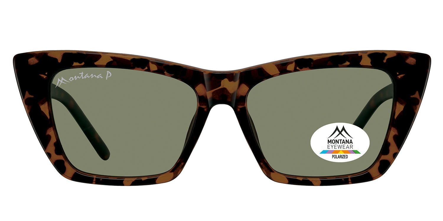 Sonnenbrille mit braunem Rahmen und grünen Gläsern. Auf einem Glas ist ein Aufkleber mit dem Logo von Montana Eyewear.