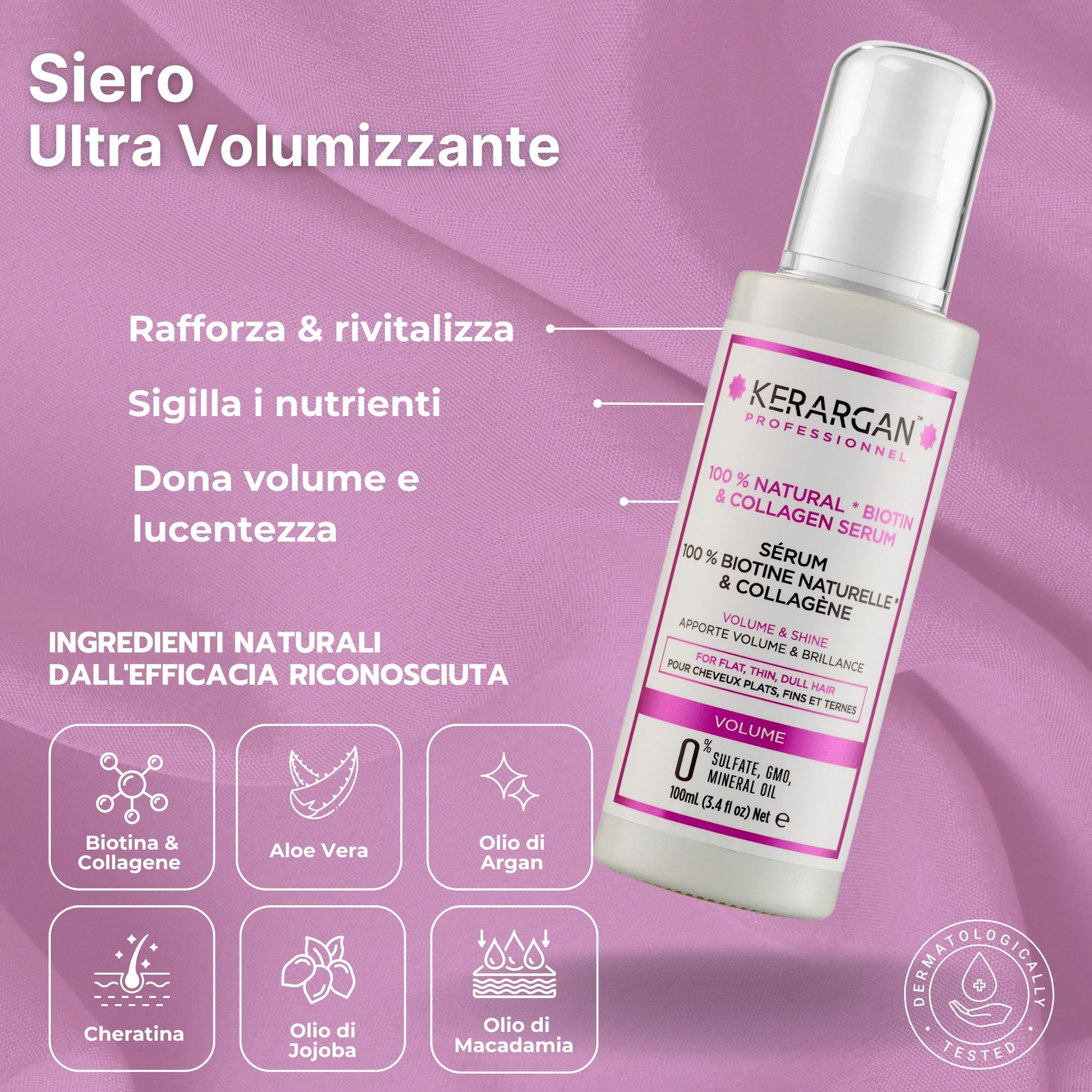 Set Kerargan per capelli in cinque pezzi. Flaconi e vasi su sfondo viola. Testo: Biotina e Collagene.