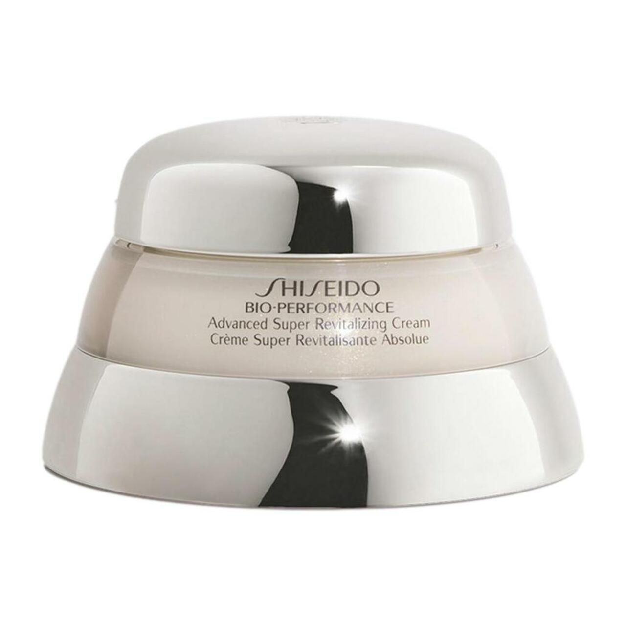 Cremebehälter mit silberfarbenem Deckel. Aufschrift: Shiseido Bio-Performance Advanced Super Revitalizing Cream.