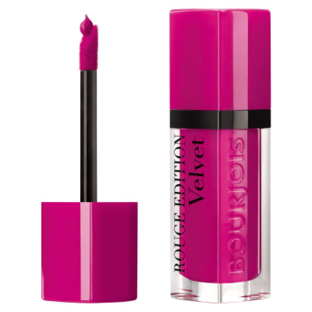 Lippenstift mit geöffnetem Deckel. Pinsel sichtbar. Aufschrift: Rouge Edition Velvet und Bourjois. Rosa Lippenstift.